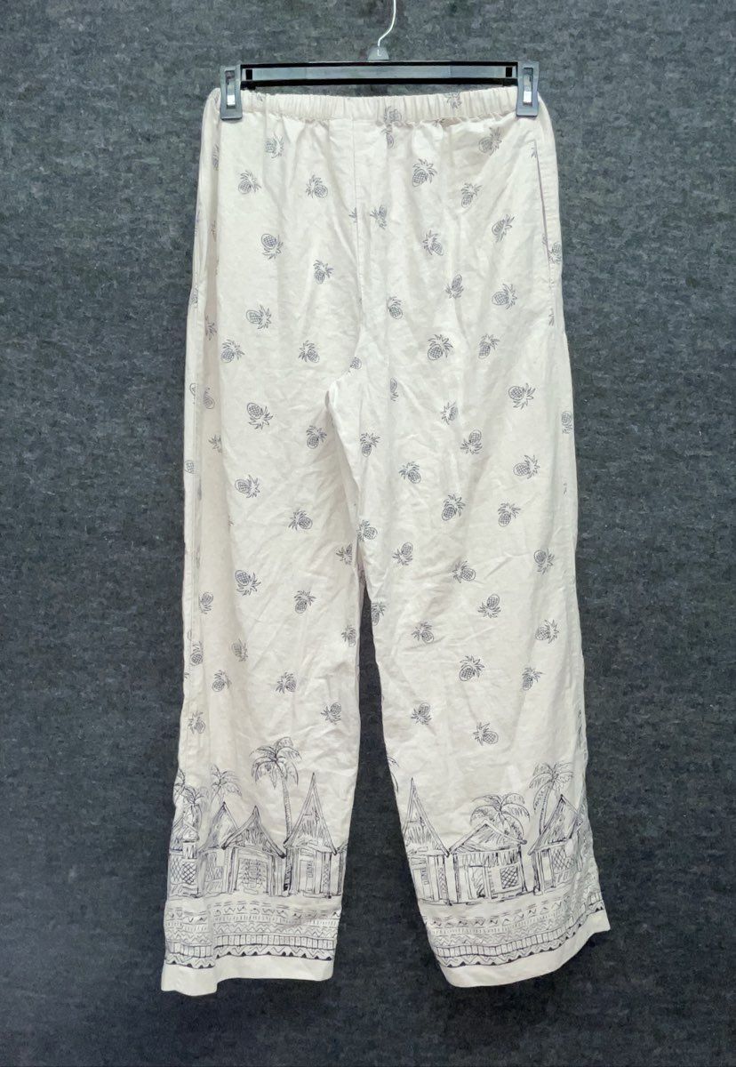 Coldwater Creek Women's Cream Tropical Pineapple Beach Print Linen Blend Pants M