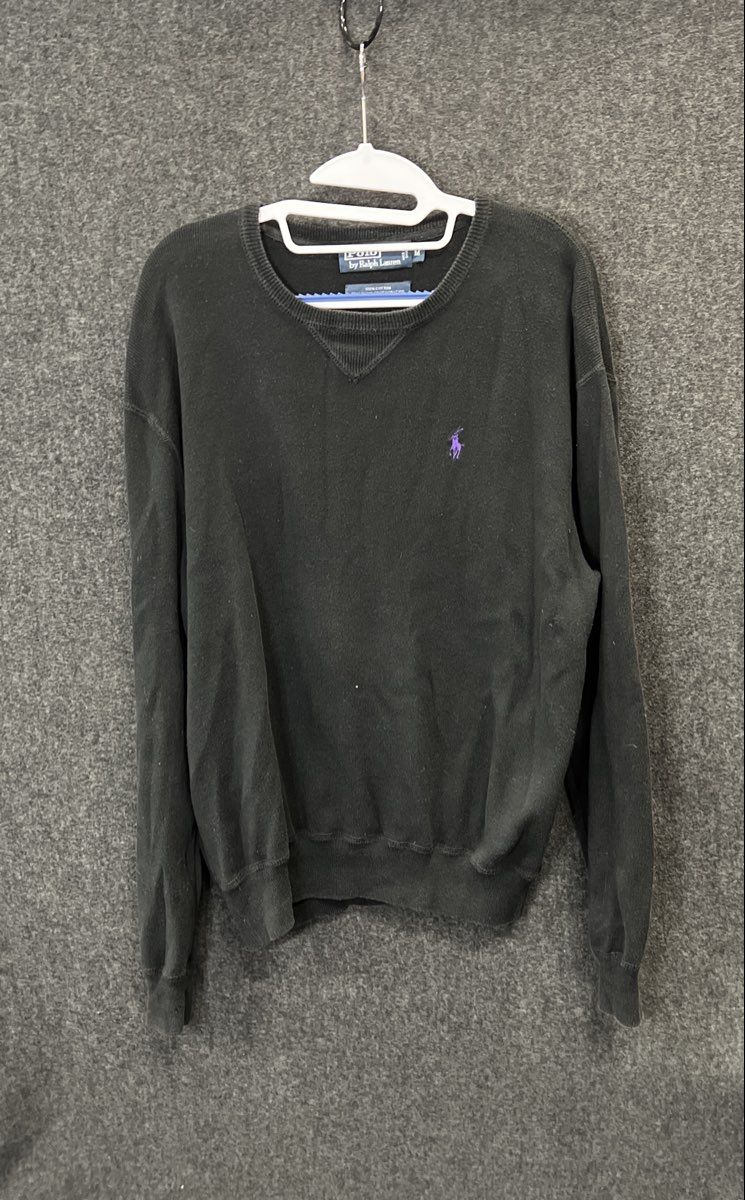 Vintage 90s Polo Ralph Lauren Black Cotton Crewneck Sweater Purple Pony Sz M