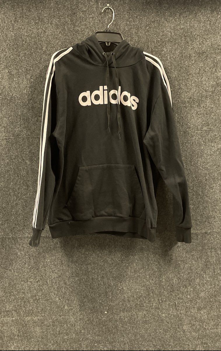 Adidas Men's Black Pullover Hoodie Sweatshirt 3 Stripe Spell Out Logo Sz 2XL