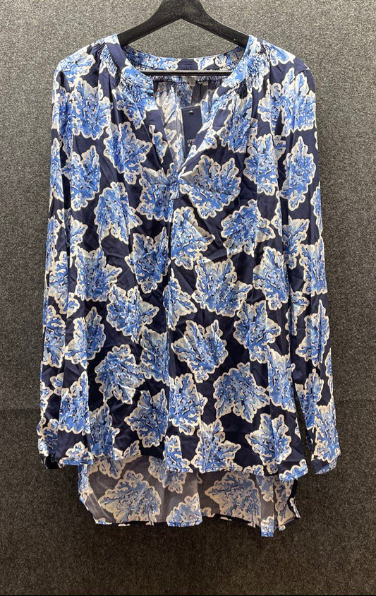 Crown & Ivy Women's Blue Coral Print Split Neck Blouse Tunic Sz XL NWT