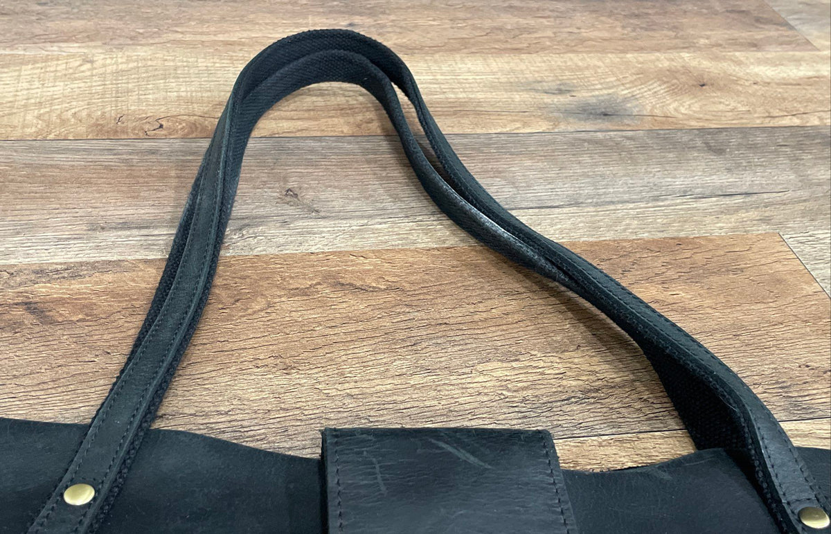 Black Leather Large Tote Bag Brass Hardware Magnetic Flap Handbag