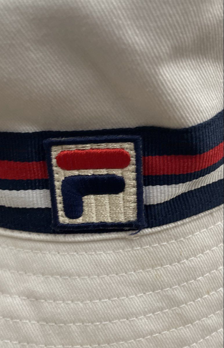 Fila Unisex White Cotton Bucket Hat Red Navy Striped Logo NWT