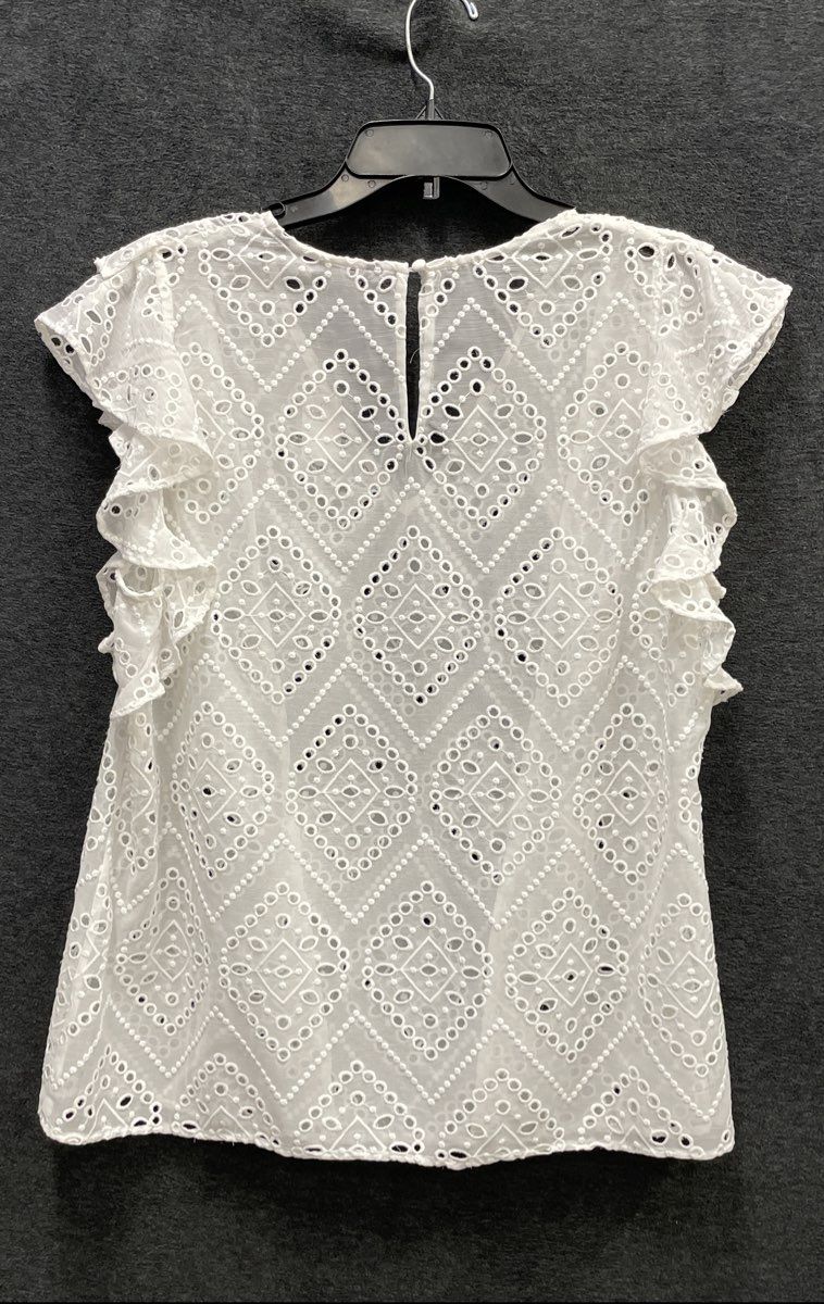 White House Black Market Women's Ecru Flutter Slv Embroidered Eyelet Top Sz L