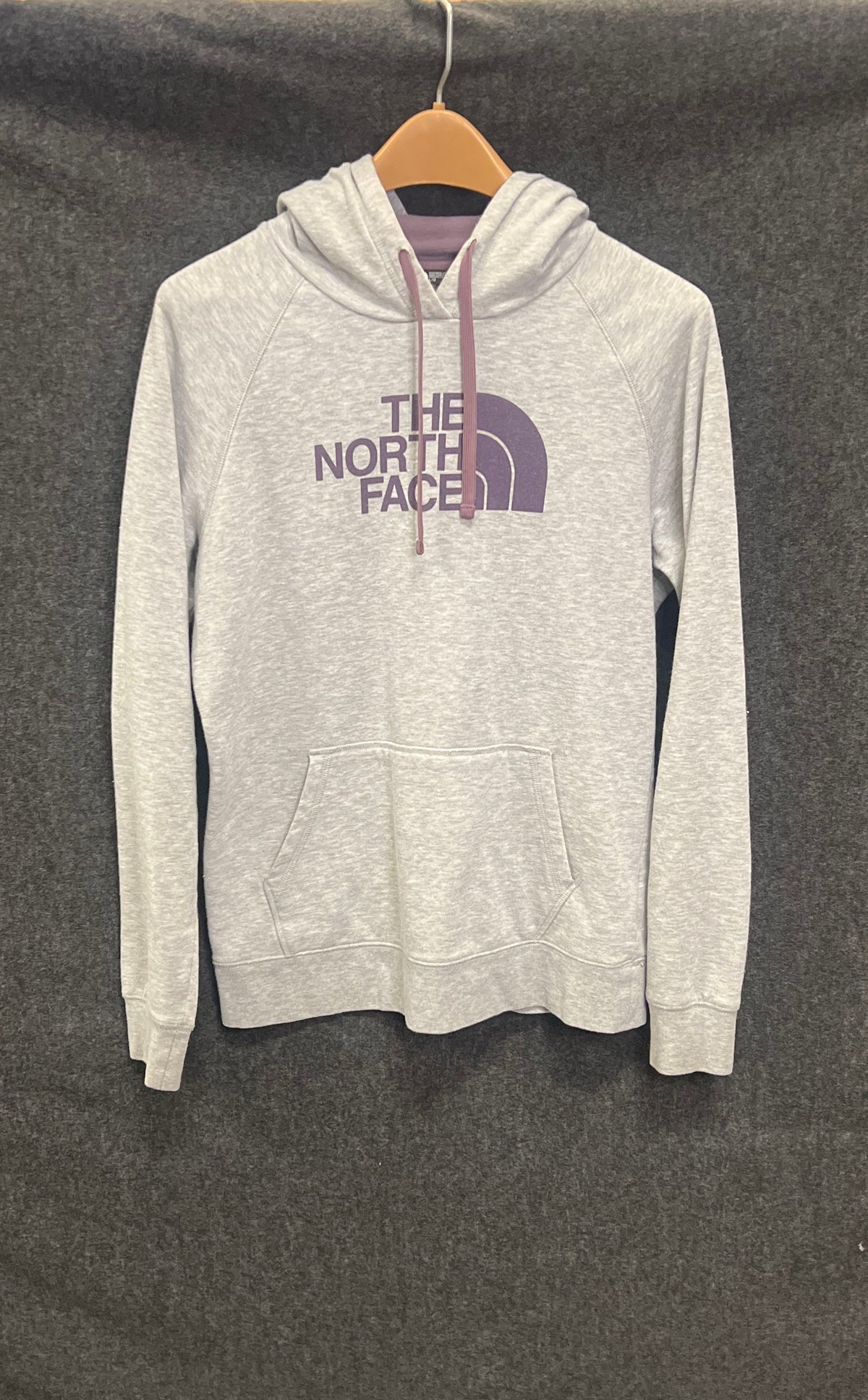 The North Face Women's Gray Heather Pullover Hoodie Purple Logo Sz L