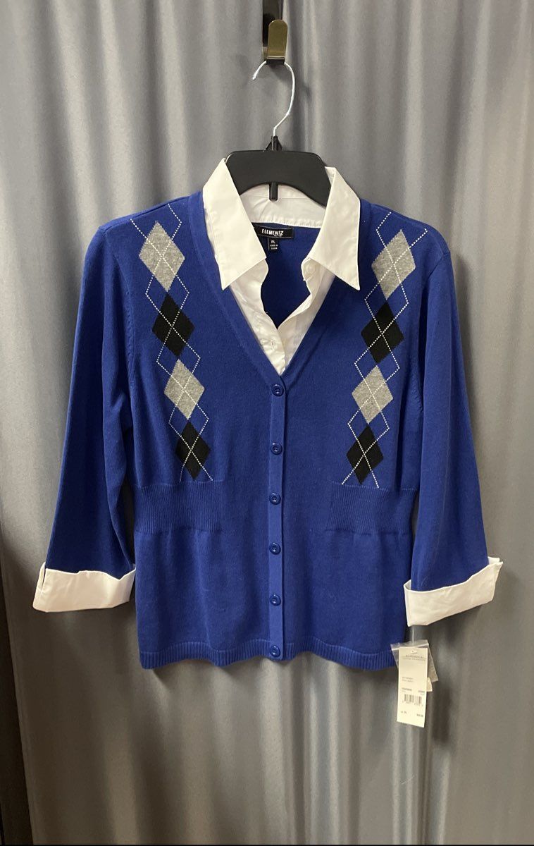 Elementz Women's Blue Argyle Mock Layer Cardigan Shirt NWT Petite Large