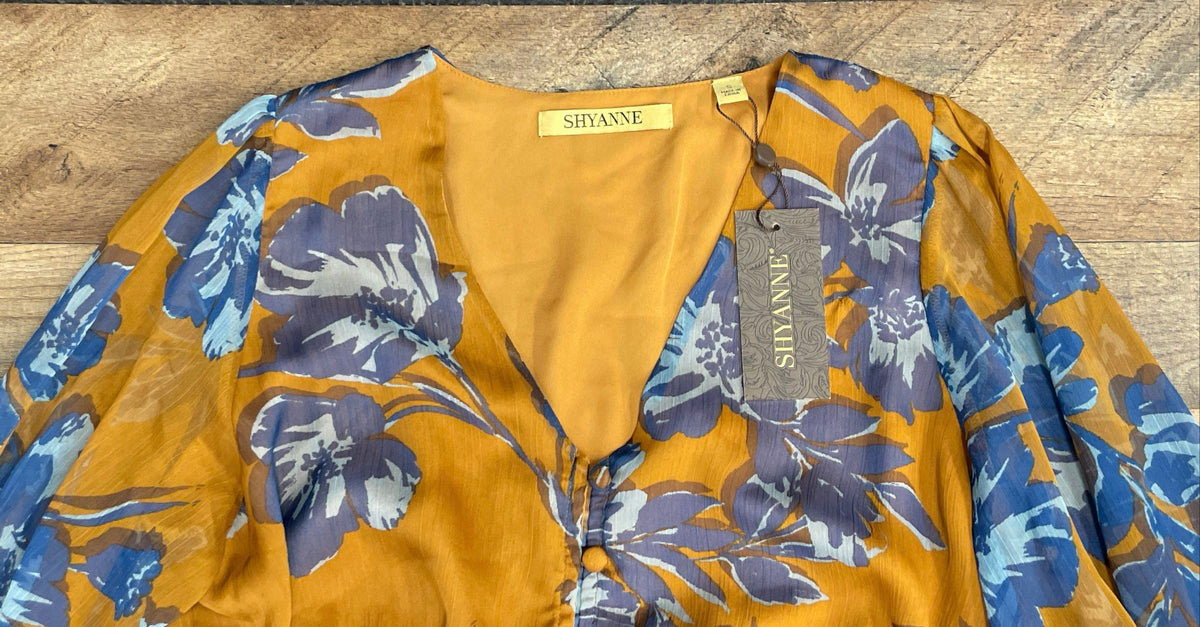 Shyanne Women's Yellow Blue Floral Peplum Blouse V-Neck Long Sleeve NWT Sz S