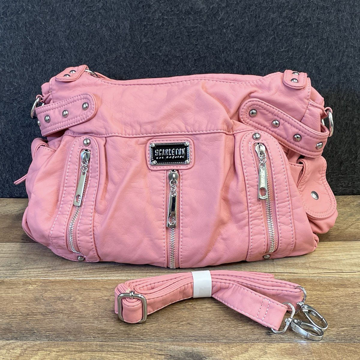 Scarleton Pink Faux Leather Multi-Zipper Satchel Handbag Silver Hardware