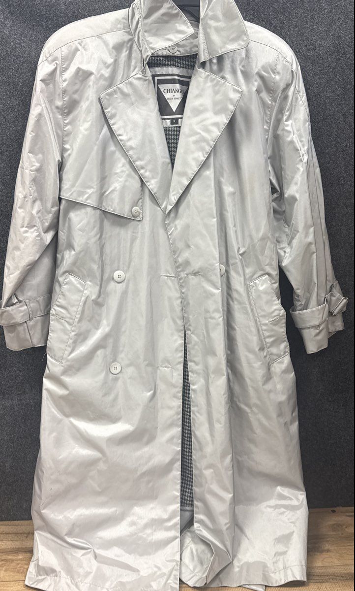 Vintage 80s Chiango by Fleet Street Silver Metallic Trench Coat Belted Sz 6
