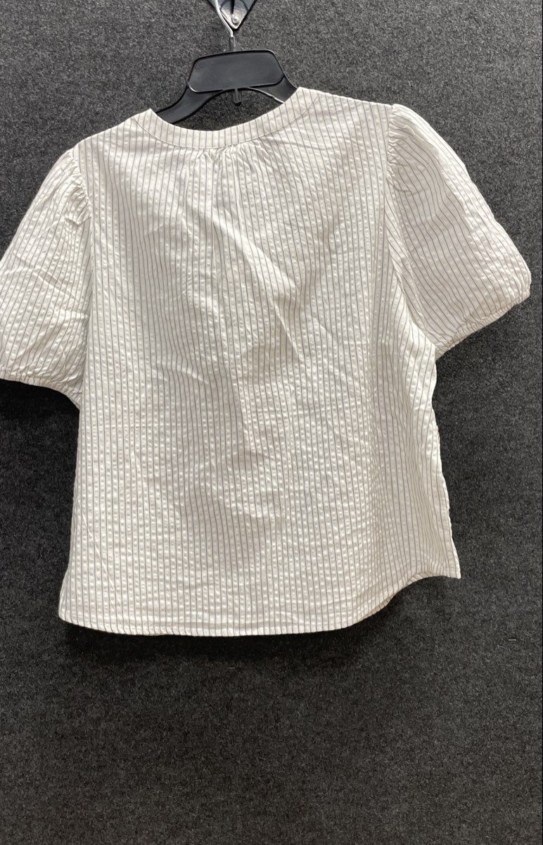 Lucky Brand Women's White Blue Stripe Puff Sleeve Eyelet Trim Blouse Top Sz XL