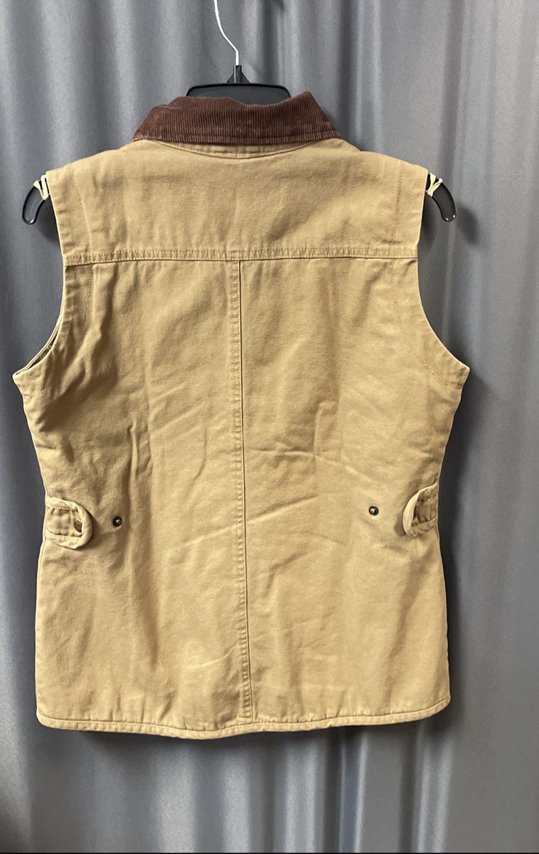 Woolrich Women's Tan Cotton Canvas Fleece Lined Utility Vest Corduroy Trim Sz S