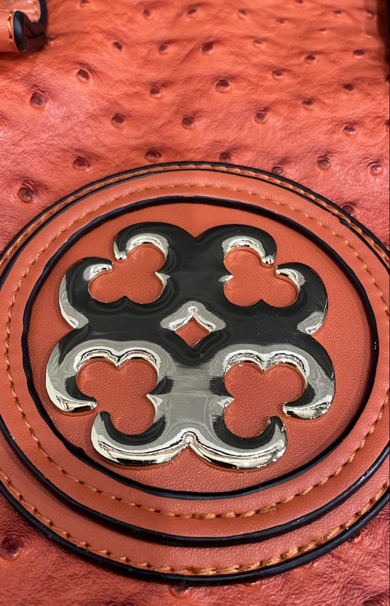 Orange Ostrich Embossed Medallion Tote Handbag Crossbody Shoulder Bag Large