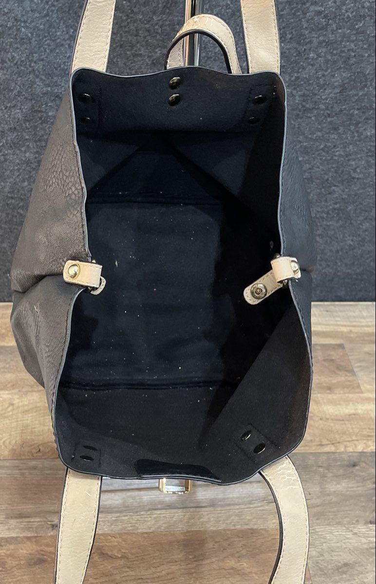 Black Faux Leather Tote Bag Beige Shoulder Straps Gold Tone Hardware