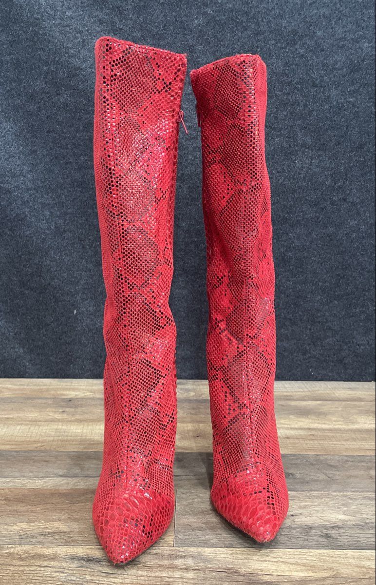 INC International Concepts Rajel Red Snakeskin Knee High Stiletto Boots Size 9