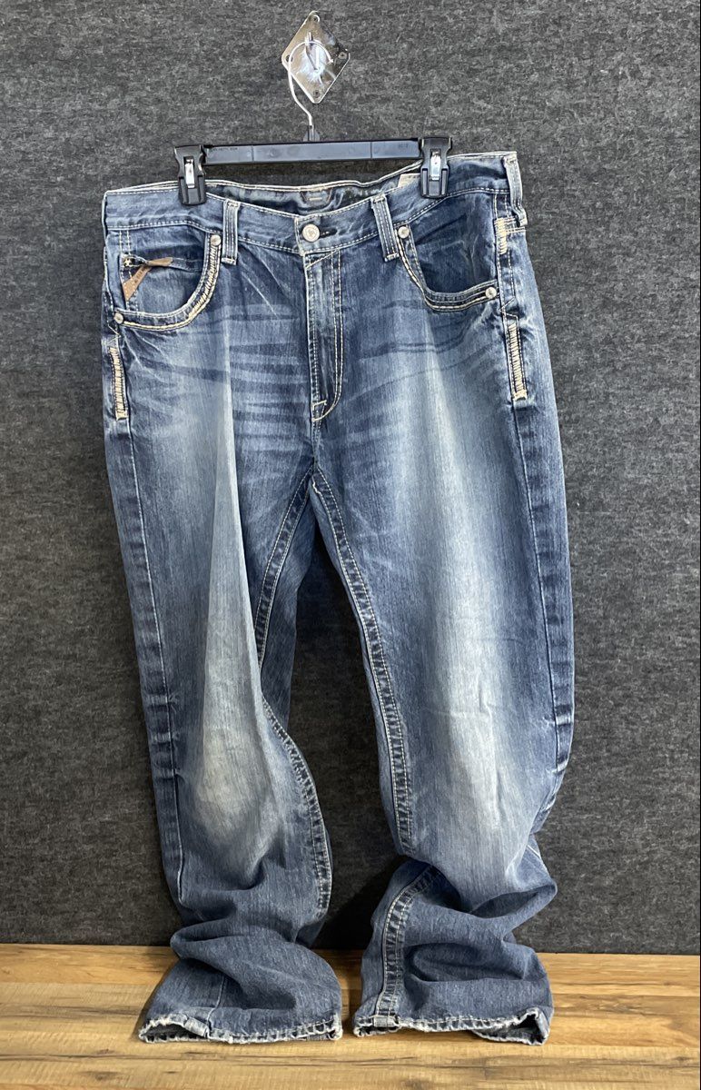 Ariat Men's Blue Denim Jeans Straight Leg Heavy Contrast Stitch Distressed