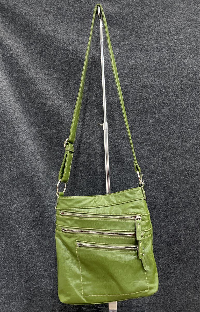 Franco Sarto Green Leather Crossbody Messenger Bag Silver Hardware Multi-Pocket