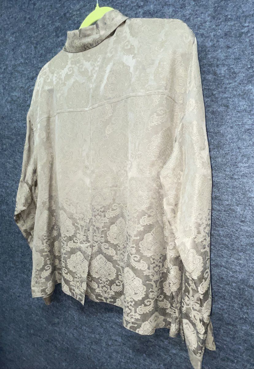 Chico's Women's Gold Damask Jacquard Silk Linen Button Up Blouse Sz 2