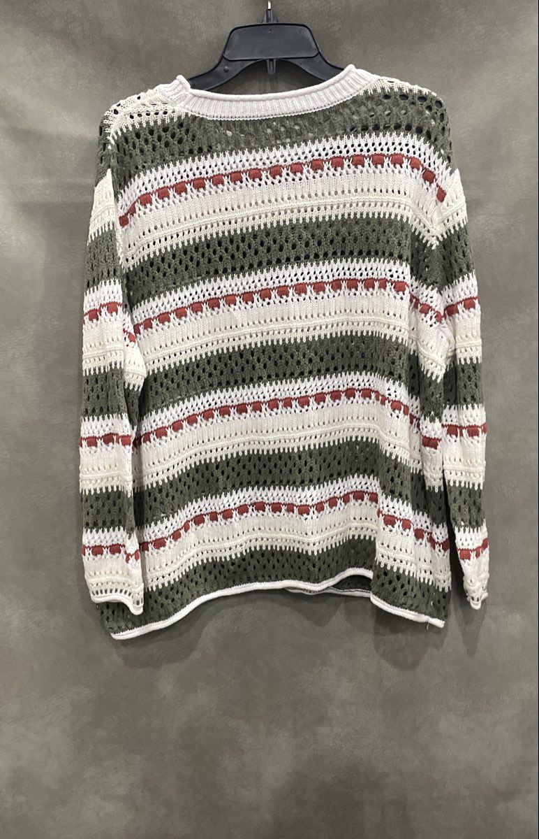 Joan Rivers Women's Open Knit Cotton Sweater Green White Striped Sz 1X