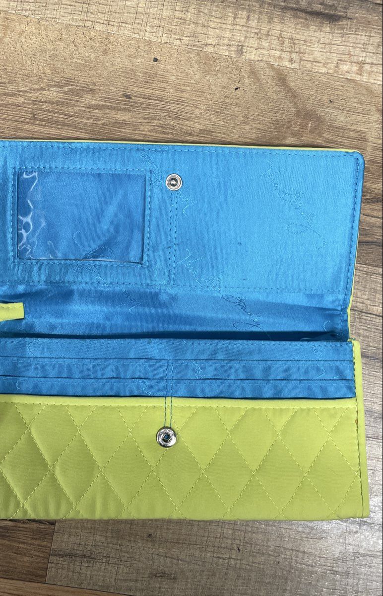 Vera Bradley Lime Green Quilted Fabric Long Wallet Organizer Blue Lining