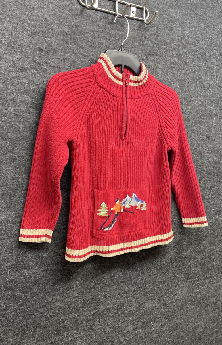 Talbots Kids Red Ribbed Cotton Quarter Zip Skier Graphic Sweater Sz 7