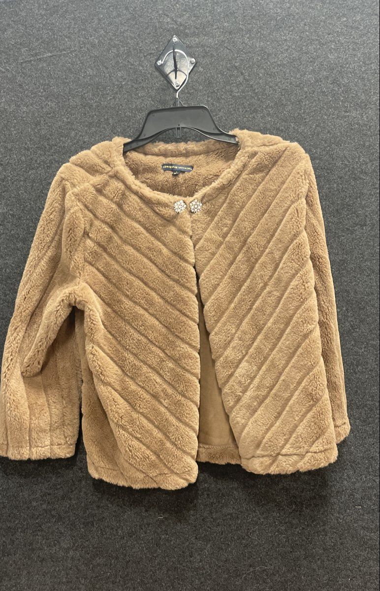 Adrienne Vittadini Women's Tan Ribbed Faux Fur Jacket Jeweled Clasp Size L