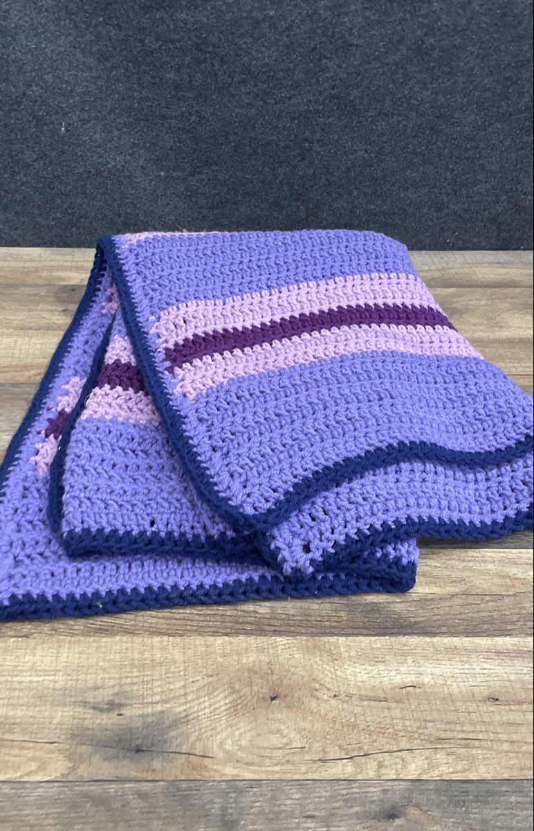Handmade Purple Striped Crochet Blanket Afghan Throw Multicolor
