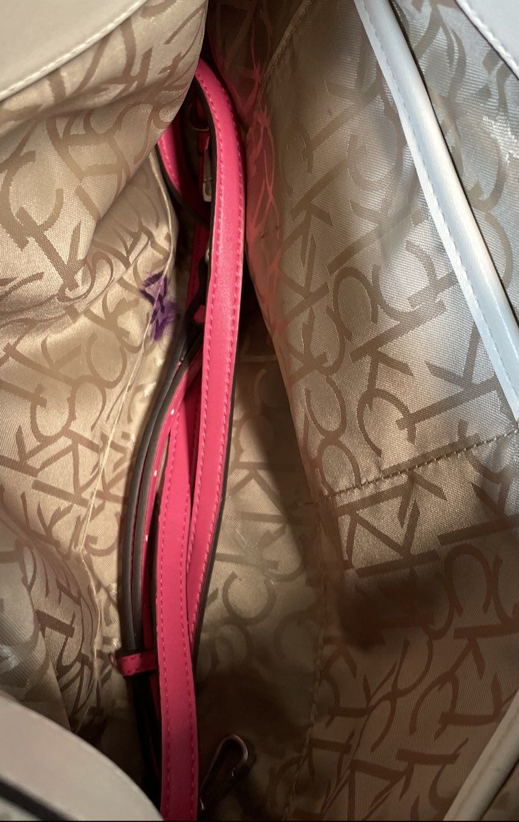Calvin Klein White & Pink Monogram Canvas Satchel Shoulder Bag Purse