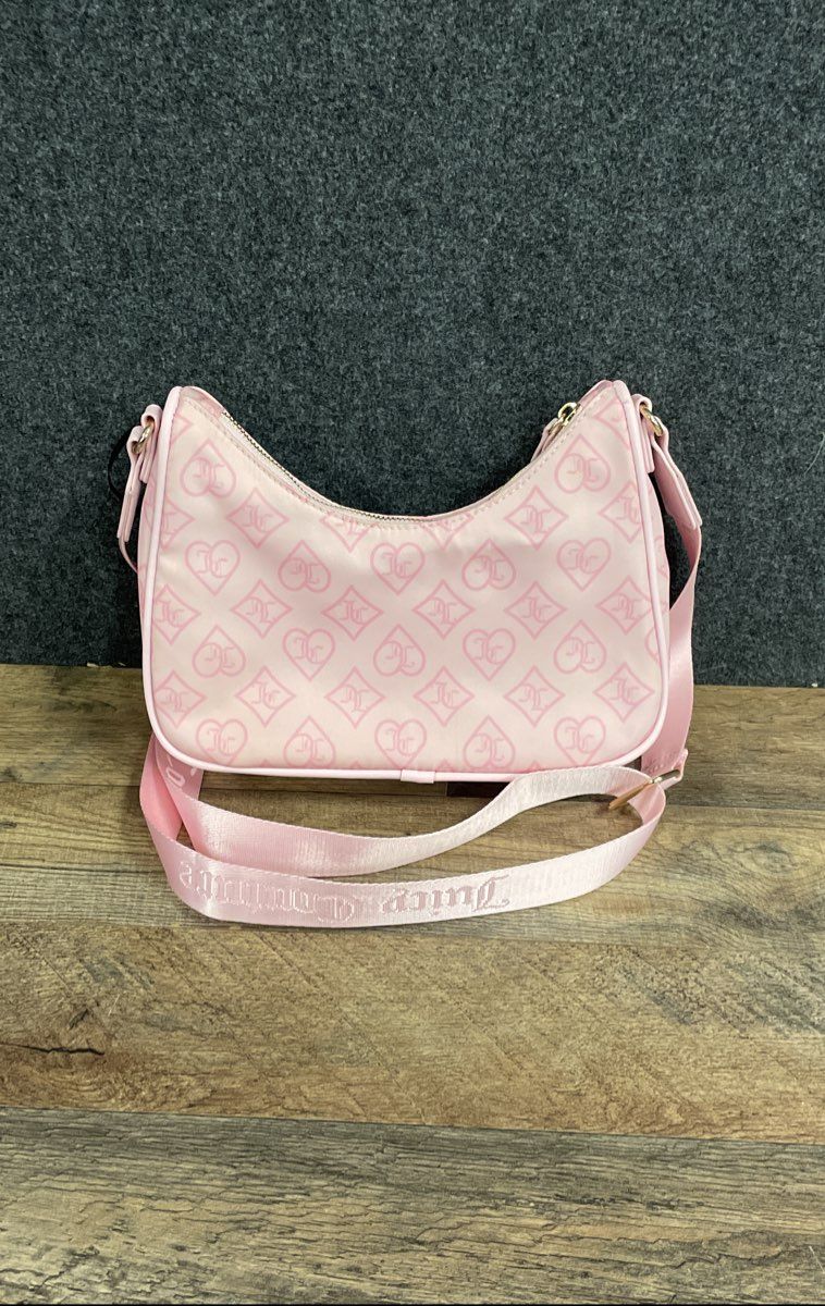 Juicy Couture Pink Monogram Heart Nylon Crossbody Shoulder Bag Gold Hardware