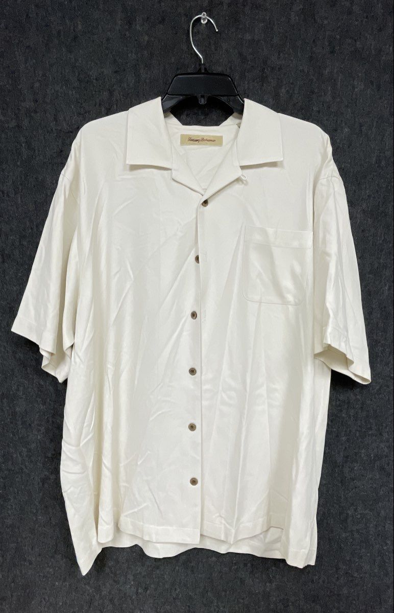 Tommy Bahama Men's Off-White 100% Silk Herringbone Camp Shirt Sz XL