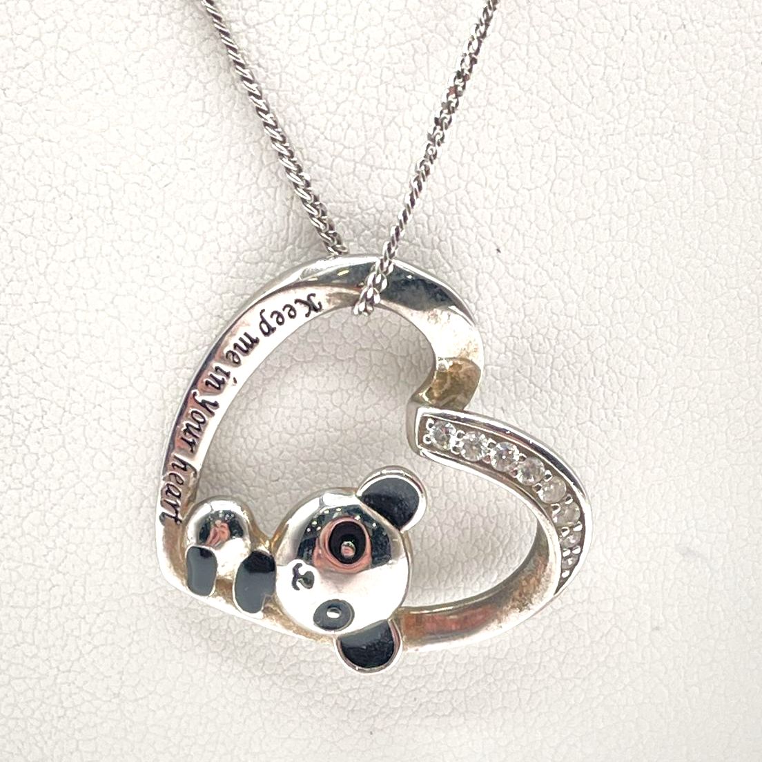 925 Sterling Silver Panda Heart w/ CZ Accents Pendant Necklace 4.3g