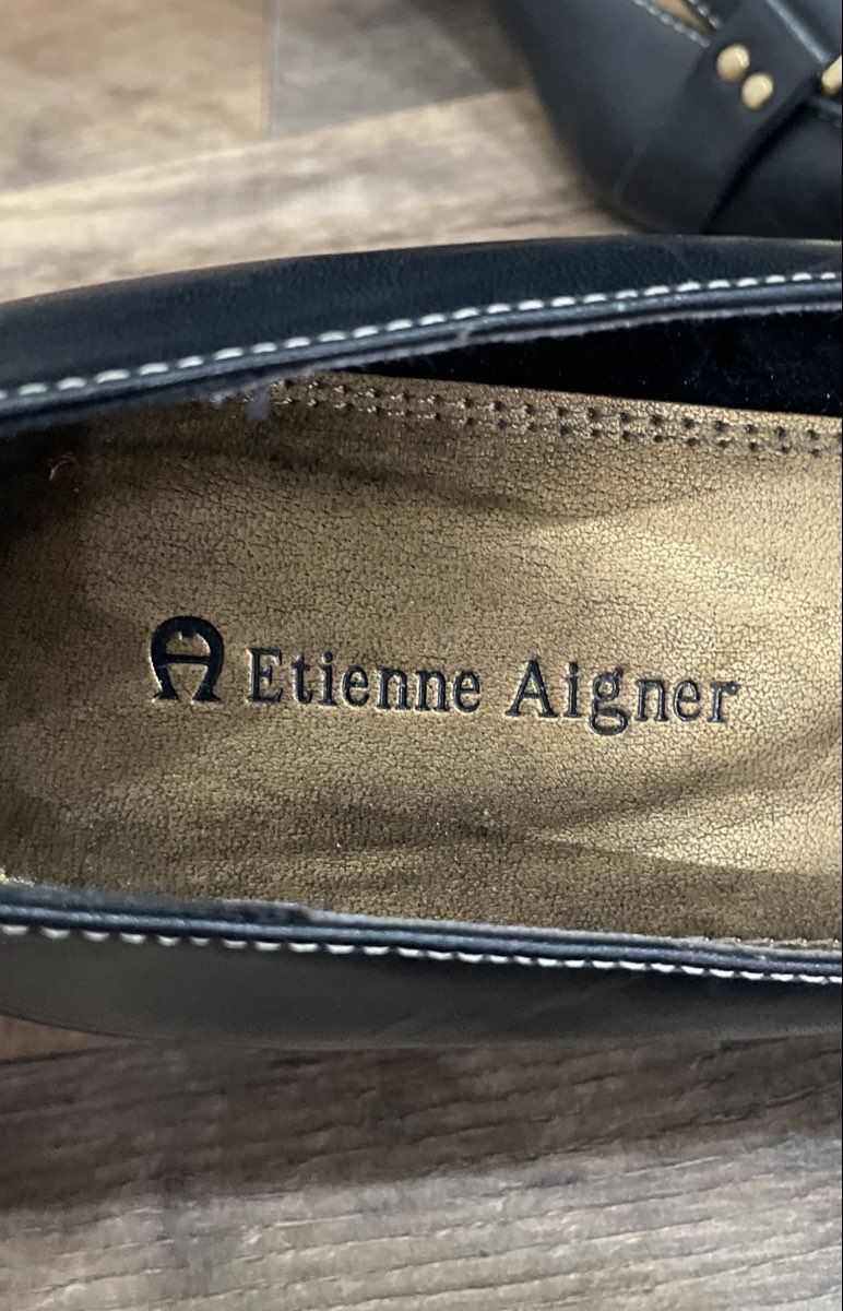 Etienne Aigner Grandiose Black Leather Gold Buckle Pointed Toe Heels Size 8.5 M