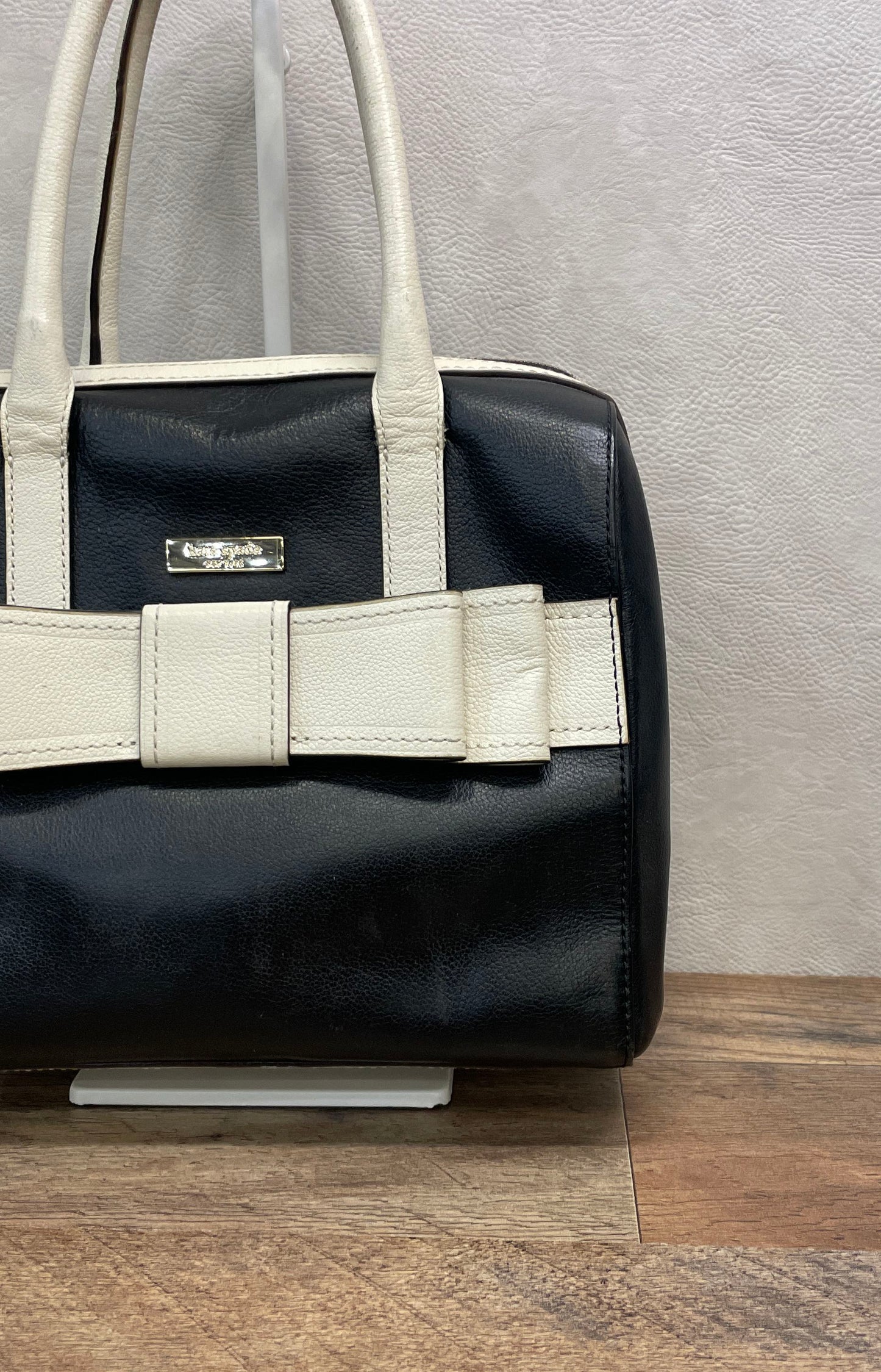 Kate Spade Black White Leather Bow Colorblock Satchel Handbag Gold Hardware