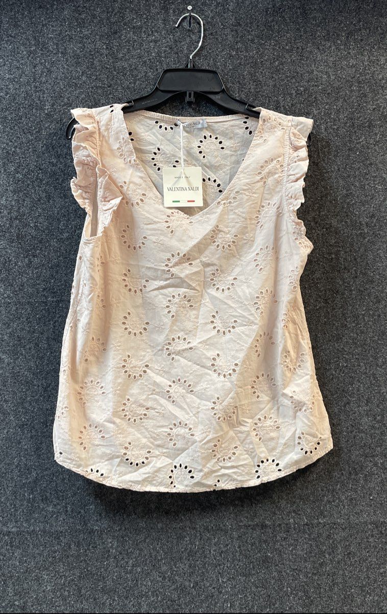 Valentina Naldi Women's Pink Eyelet Ruffle V-Neck Cotton Blouse Italy Sz L NWT