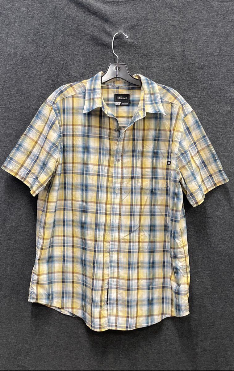 Marmot Men's Yellow Blue Plaid Short Sleeve Button Down Shirt Sz L