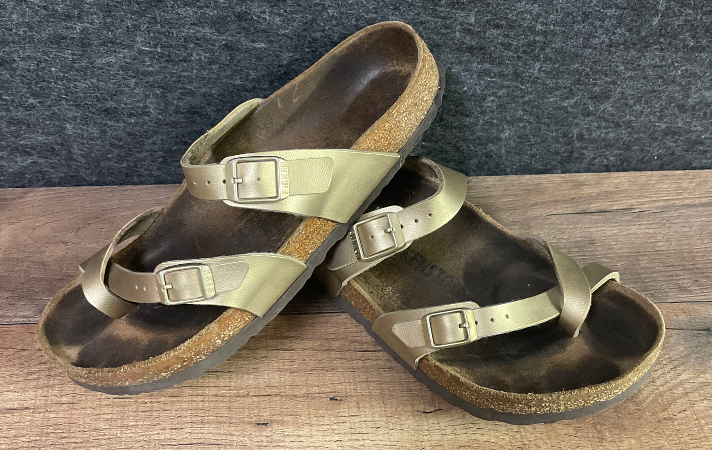 Birkenstock Mayari Gold Metallic Birko-Flor Toe Loop Sandals Size EU 43 US 12