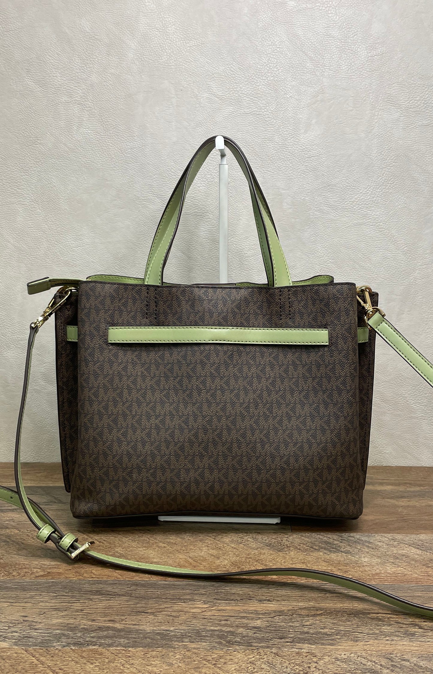 Michael Kors Brown Green Signature Canvas Emory Satchel Handbag Crossbody