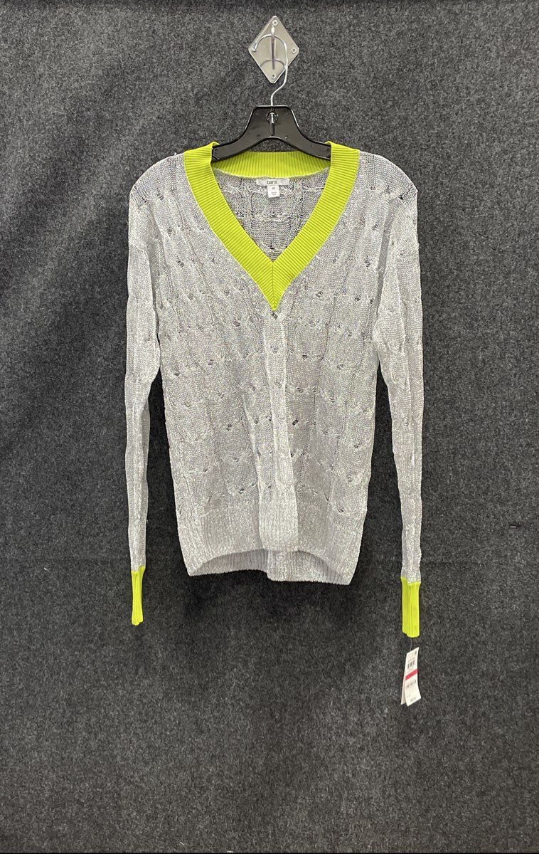 Bar III Women's V-Neck Top Silver Metallic Neon Yellow Open Knit Mesh NWT Sz XS