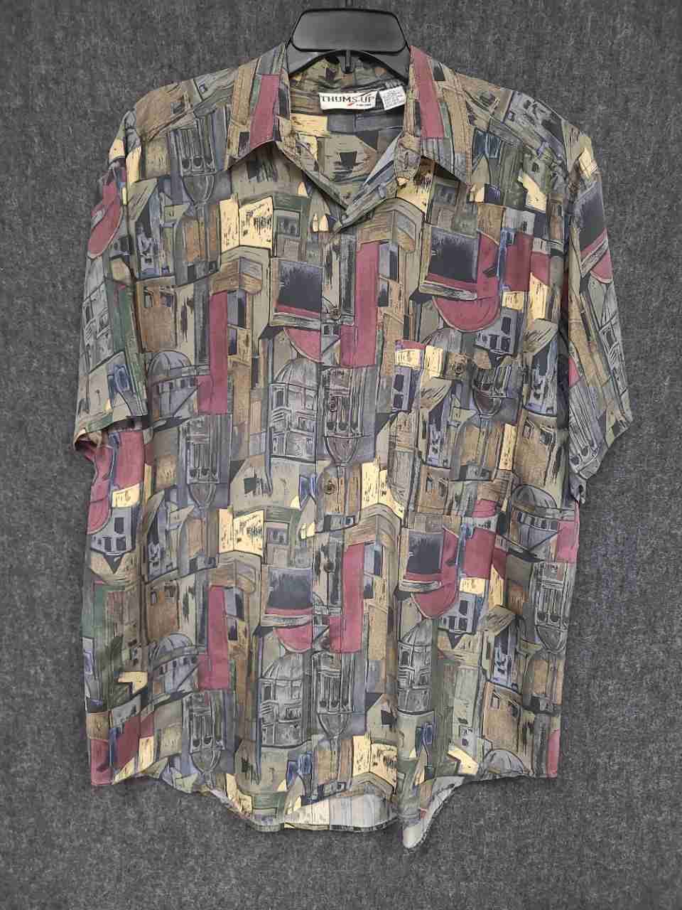 Thums Up Men's Vintage 90s Silk Short Sleeve Abstract Cityscape Print Shirt Sz L