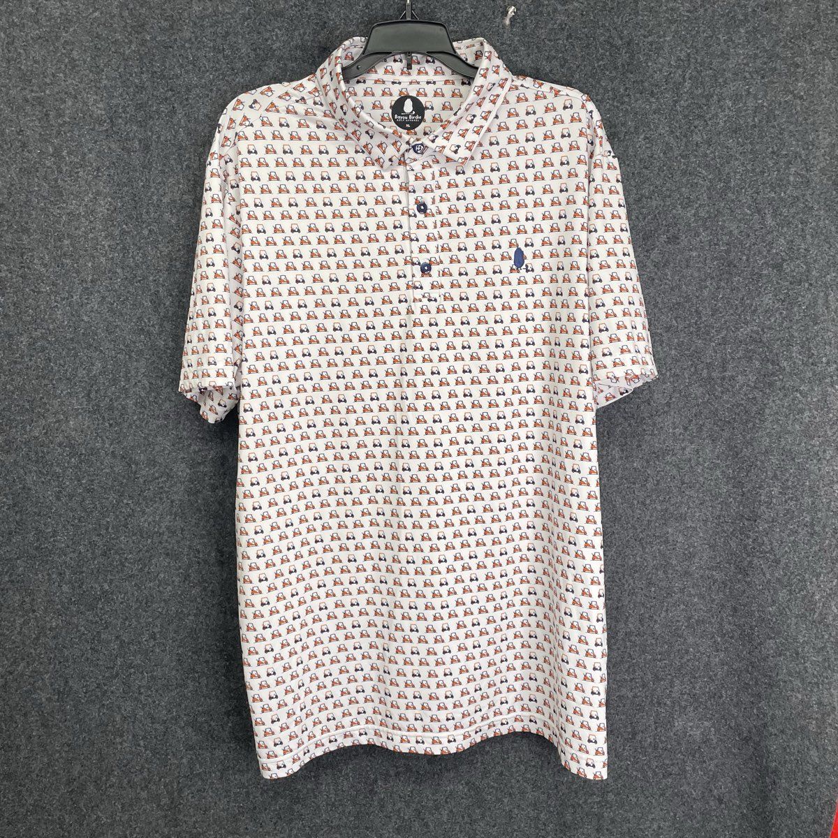 Bayou Birdie Men's Golf Cart All Over Print Polo Shirt White Orange Blue Sz XL