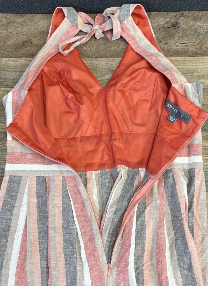 Donna Ricco NY Women's Halter Dress Pink Striped Linen Blend V-Neck Tie Back 4