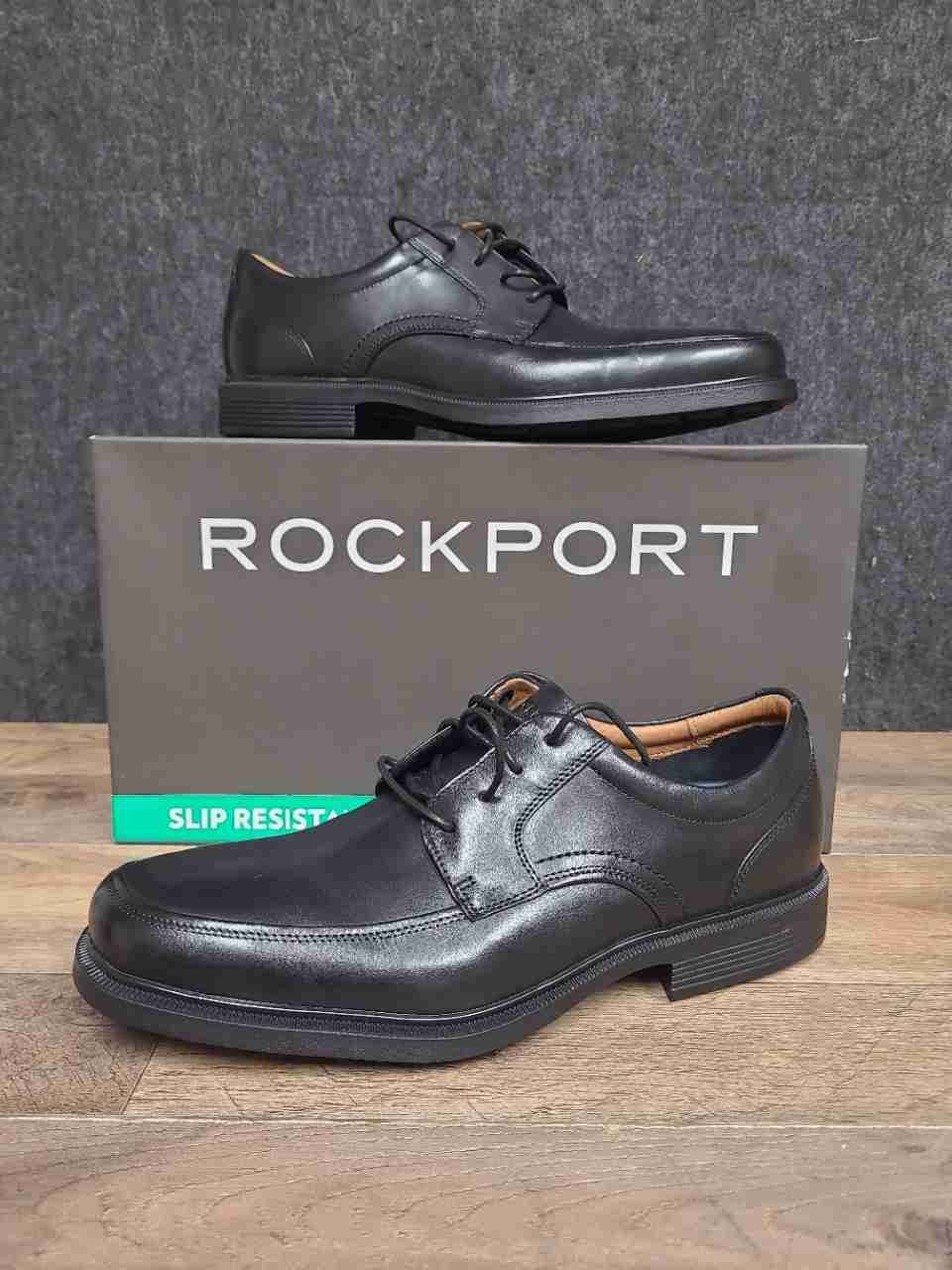 Rockport Dpluxe Apron Toe Oxford Black Leather Slip Resistant Mens Size 11W DS