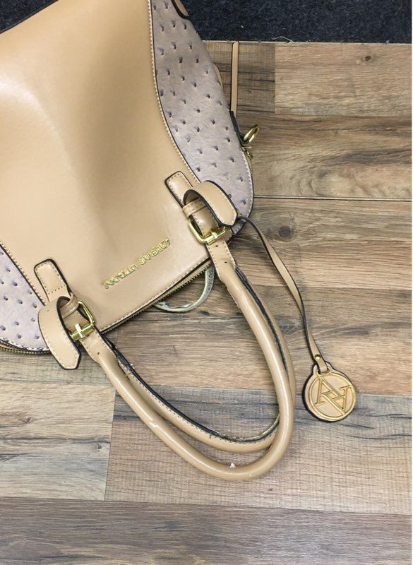 Adrienne Vittadini Beige Ostrich Embossed Satchel Handbag Gold Hardware