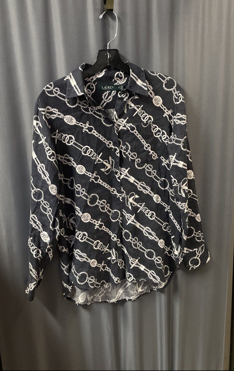 Lauren Ralph Lauren Women's Navy Nautical Rope Anchor Print 100% Linen Shirt SP