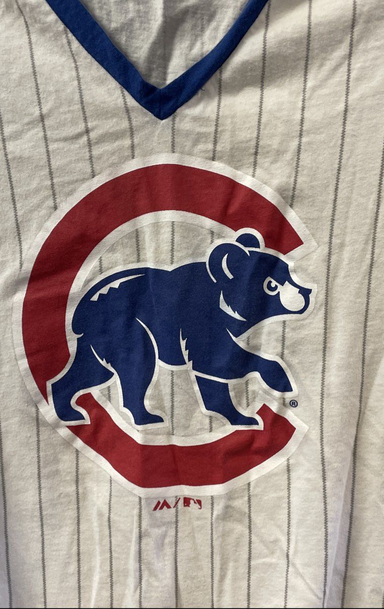 Majestic Women's Chicago Cubs T-Shirt White Blue Pinstripe V-Neck Raglan Sz S