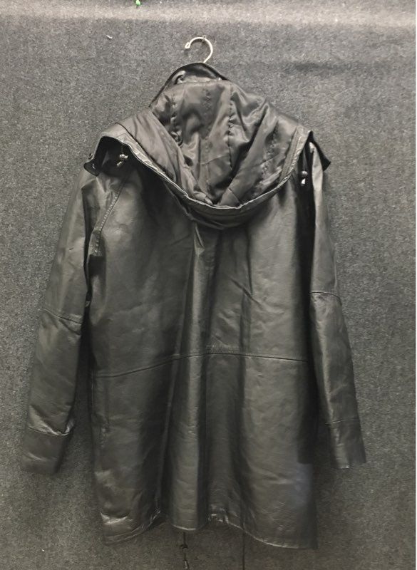 Seventh Avenue Men's Black Leather Hooded Parka Jacket Detachable Liner Sz XL