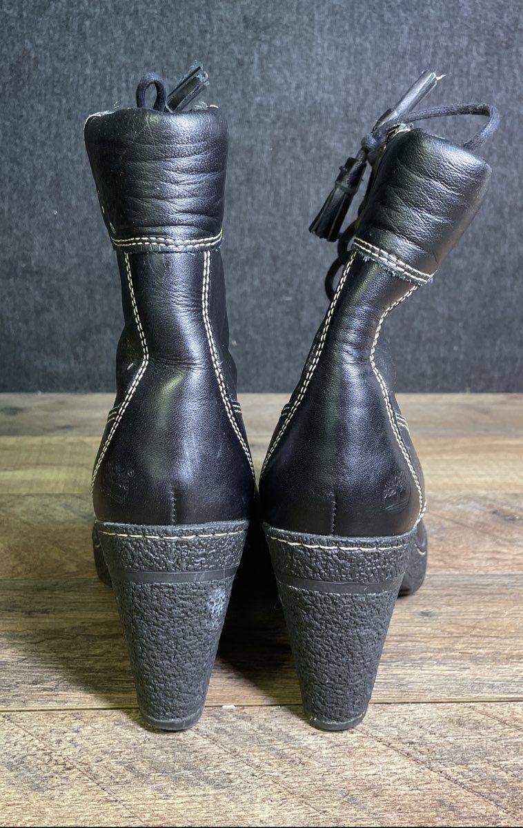 Timberland 63647 Black Leather Block Heel Lace Up Boots Women's Size 7M