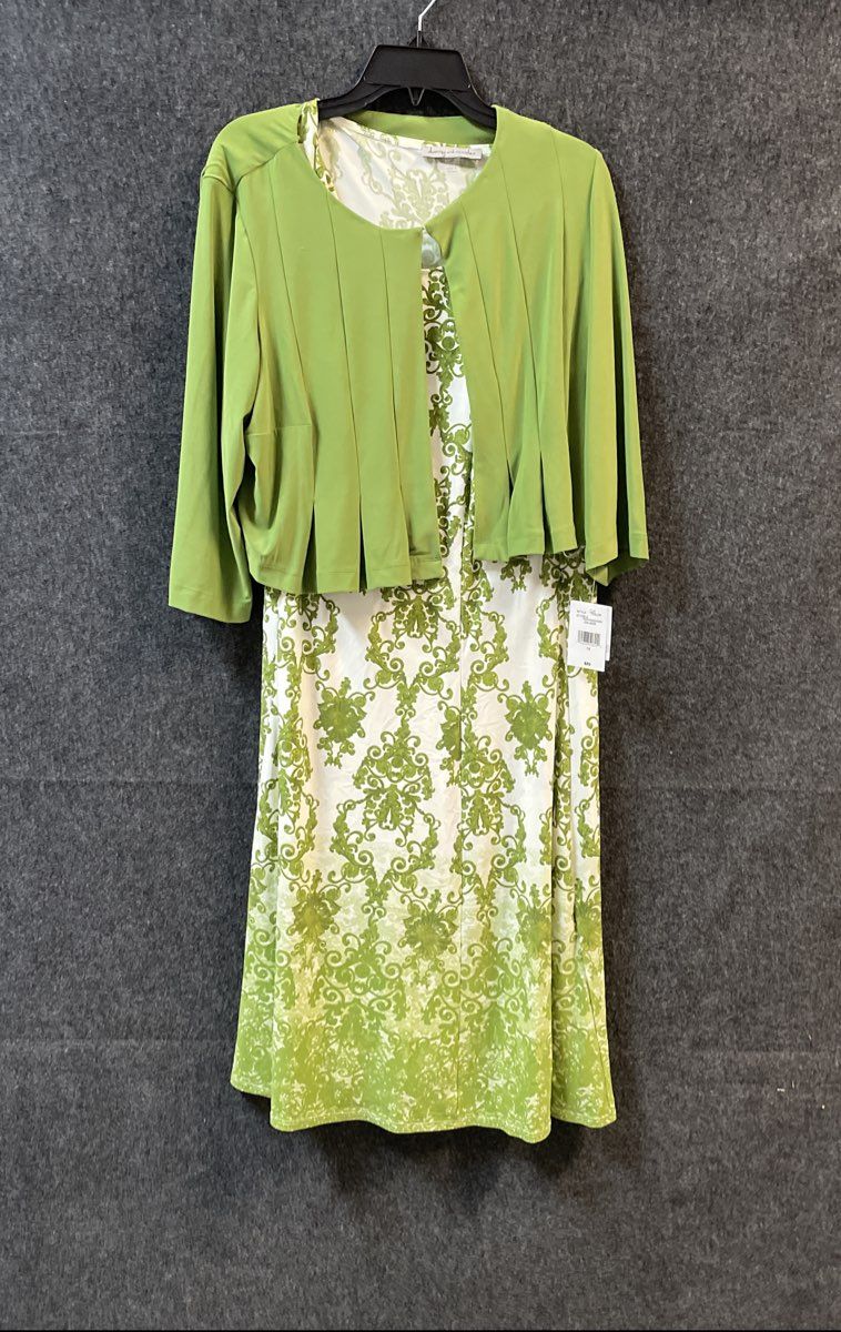 Danny & Nicole Women's 2-Piece Dress Set Avocado Green Damask Bolero 1X NWT