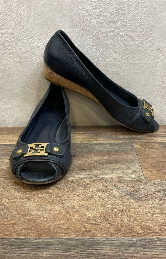 Tory Burch Navy Blue Leather Sally Peep Toe Cork Wedge Heels Size 7M