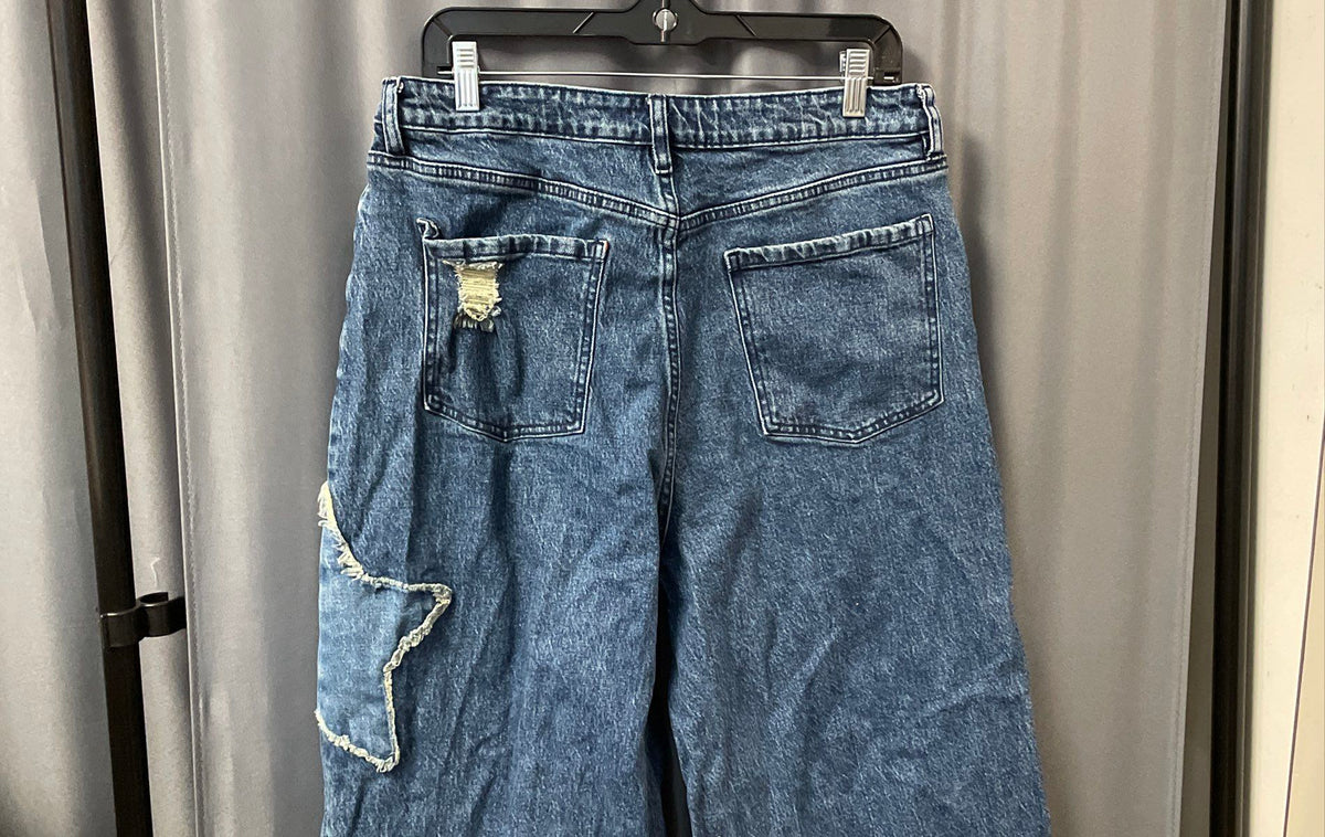 Hot Topic Women's Blue Star Patch Frayed Raw Hem Wide Leg Denim Jeans Size 13