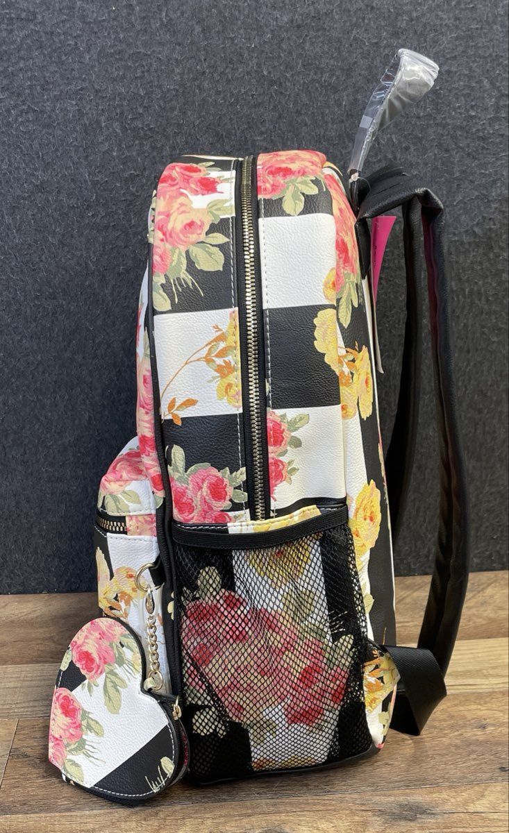Betsey Johnson Black White Striped Rose Floral Faux Leather Backpack NWT