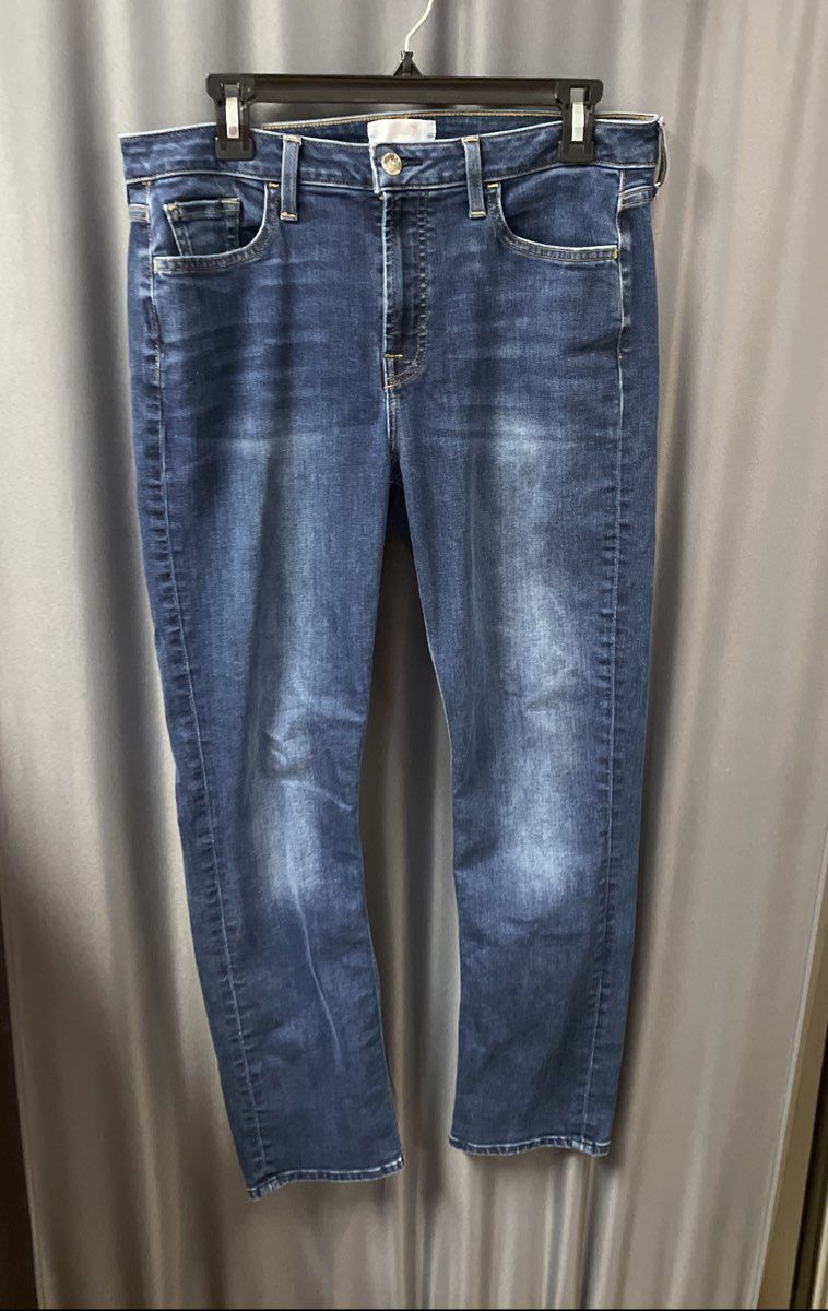 Jen 7 Women's Dark Blue Whiskered Stretch Slim Straight Jeans Size 10